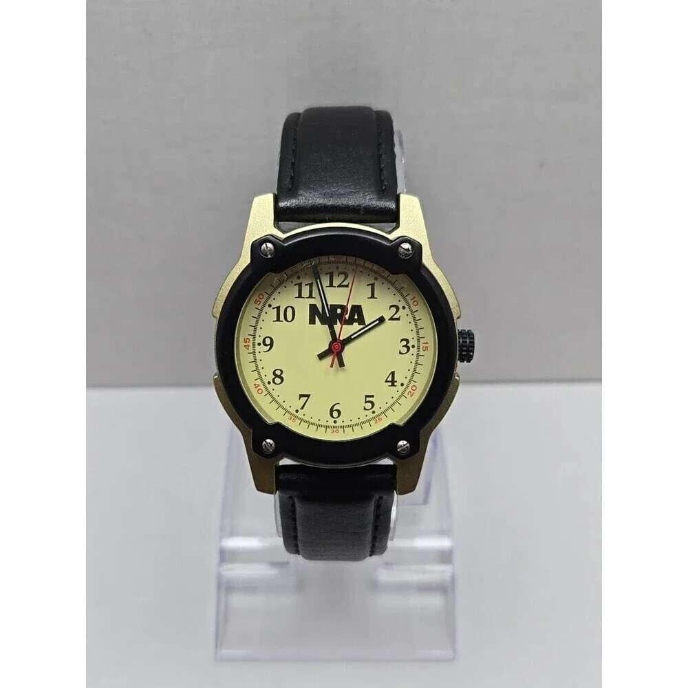 NRA Europa Quartz Watch Black Bezel Gold Tone Case Leather Band Mens New Battery